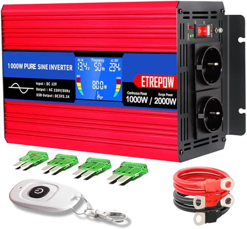 ETREPOW 1000 W/2000 W Pure Sine Converter 12 V 220 V/230 V Transformer – 2 EU AC Power Socket, 1 USB Port, Wireless Remote Control and LCD Screen, for Car, Camping, Travel