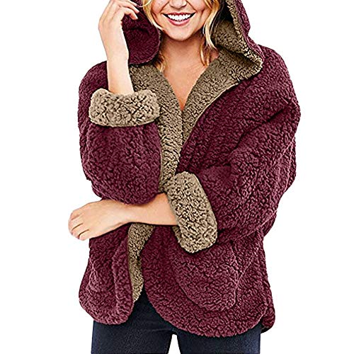 Sanyyanlsy Women's Casual Fleece Fuzzy Faux Shearling Warm Winter Oversize Reversible Hoodie Coat Thermal Cardigan Tops Wine Red
