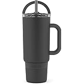 Ello Port 40oz Tumbler with Carry Loop & Integrated Handle, Vacuum Insulated Stainless Steel Reusable Water Bottle, Travel Mug with Leak Proof Lid and Straw, Perfect for Iced Coffee and Tea, Black