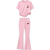 SHENHE Girl's 2 Piece Outfits Graphic Cherry Print Short Sleeve Tee Shirt and Flare Pants Set