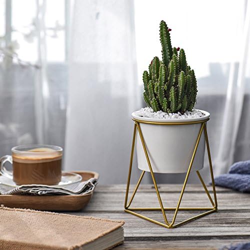 Candyqueen 1Pcs Ceramic Succulent Plant Pot Geometric Holder Metal Iron Rack Small Planter Decorative Cactus Artificial Plants Flower Dispaly (Gold)