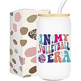 Volleyball Gifts for Teen Girls, Iced Coffee Cup, Volleyball Party Favors, 16 oz Glass Cups with Lids Straws, Volleyball Stuff, Christmas Gifts for Women Mom Coach Players Teams Volleyball Accessories