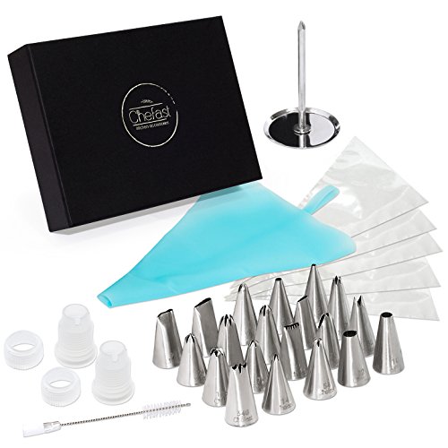 Chefast Cake Decorating Tip Set 20 Piping Tips, 5 Frosting Bags, 4 Bag Ties, Couplers, Nail