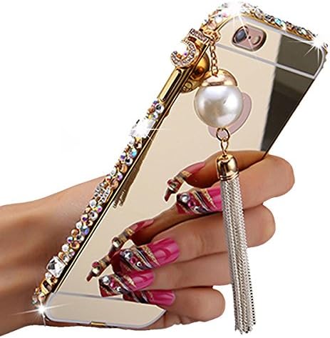 Fuzzy Green Limited Elegant Tassels Pendant 3D Luxury Bling Diamonds Aluminum Metal Bumper Frame Case with Mirror Back Plate Cover for iPhone 6/6S - Gold