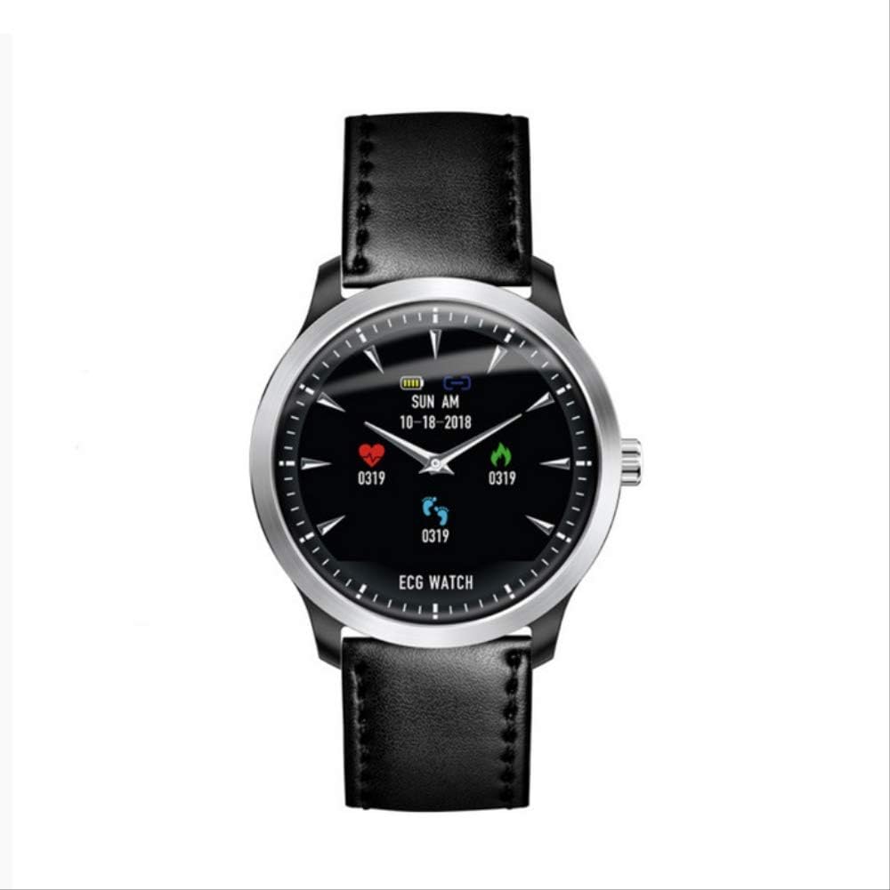 KKART smart watch fitness tracker 1.22 inch color screen ECG sports watch ECG+PPG ECG HRV report heart rate blood pressure test round screen for men women   black leather