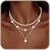 LULII Pearl Necklaces for Women 14K Gold Plated Dainty Layered Single Pearl Necklace Simple Daisy Pearls Choker Cute Gold Necklace Stack Jewelry Sets for Women Trendy Gifts