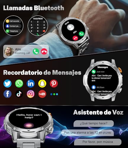 LIMIGE Men's Smart Watch, 1000 mAh, 3 Straps, 1.75 Inch HD Smartwatch Men's Military with LED Calls Flashlight 5ATM Waterproof 120+ Sports Modes Pedometer Bracelet Activity Android iOS Silver