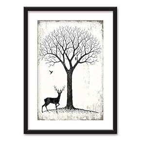 Framed Wall Art - Deer Under a Tree Birds in Black White - Black Picture Frames White Matting - 23x31 inches