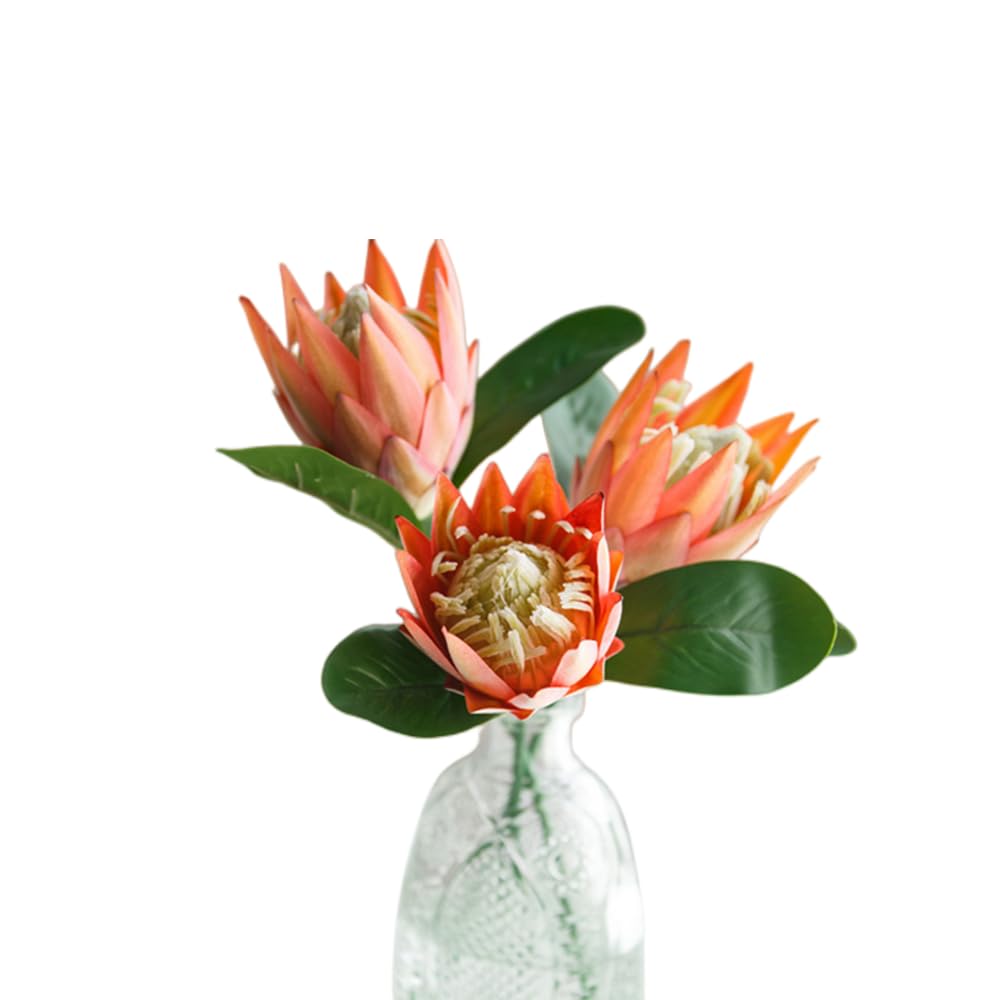 XIZHI 3 Stem King Protea Artificial Flowers Real Touch Silk Protea Cynaroides for Wedding Table Centerpieces Flower Arrangements Decor Bouquet (Orange)