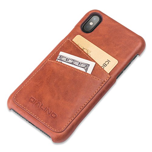 QIALINO iPhone X/XS Case Genuine Leather Back Cover with Business Card Holder [ Premium Leather ] Ultra Slim, Soft Leather Cover as a Accessory for Apple iPhone X Doubles as a Wallet, Coffee