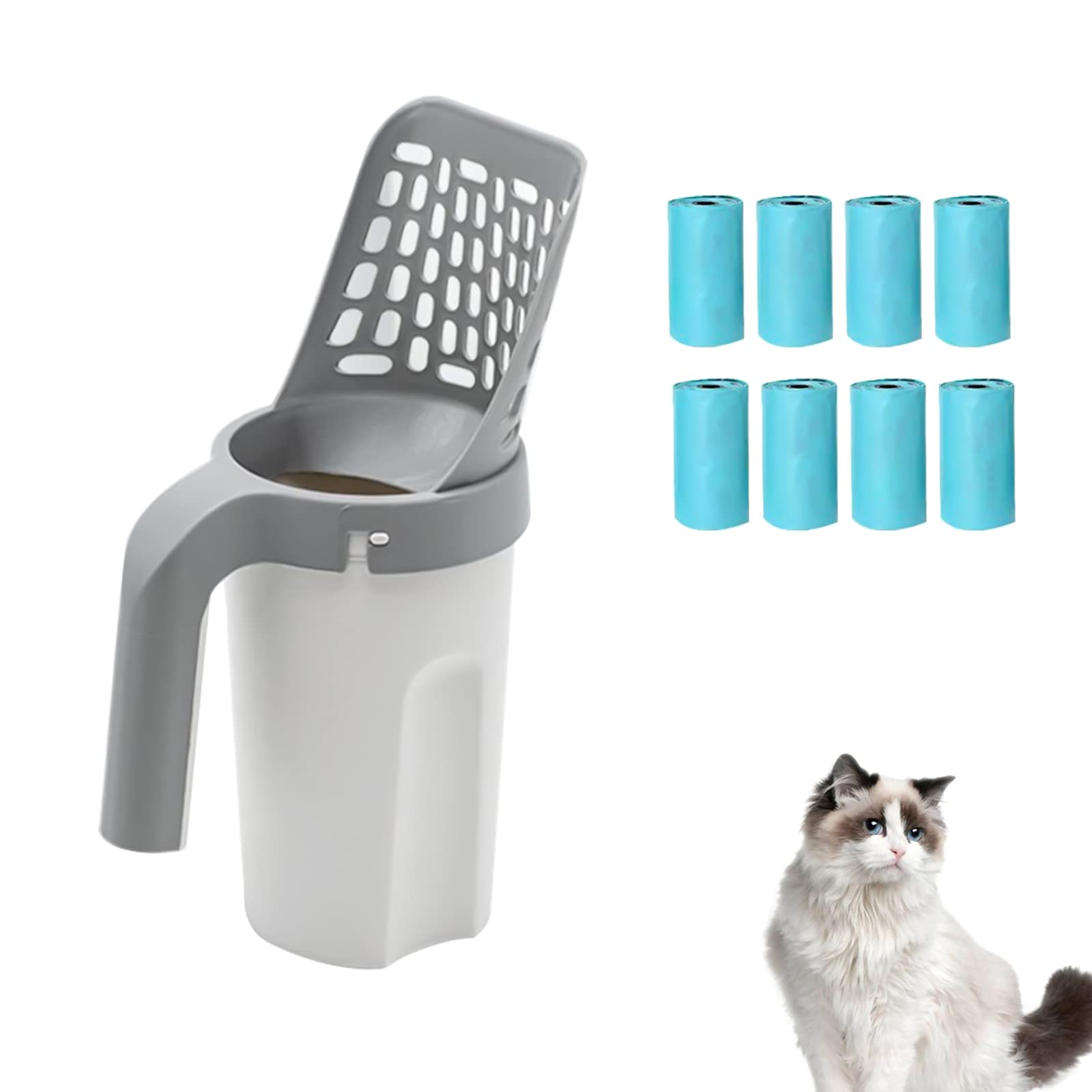 YOYIAG Premium Cat Litter Scoop: Integrated Detachable Deep Cat Litter Shovel, Large Capacity Cat Litter Box with Waste Container and 120 Trash Bags(8 Boxes), Integrated Cat Litter Scoop(Grey)