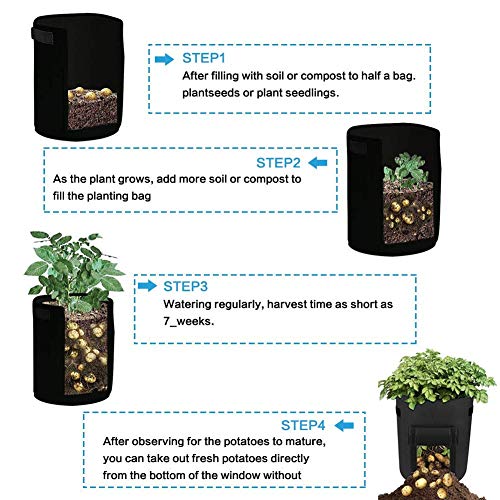 GEMGO 3 Pack Potato Grow Bag, 7 Gallon Aeration Waterproof Fabric Sweet Potato Planter, Velcro Window Vegetable Peanut Growing Box Bucket Pot for Nursery Garden (3 Pack, Black)