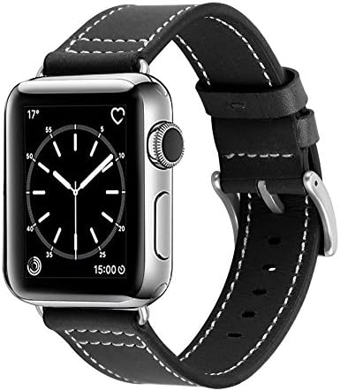 LAKELI - Apple Watch Band, Genuine Leather iWatch Strap with Silver Metal Clasp Buckle for Apple Watch Series 3 Series 2 Series 1 Sport Edition (38mm Black)