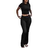 YETOWA Women's 2 Piece Lounge Outfits Slim Short Sleeve Tops Low Rise Flare Leggings Sets Yoga Sweatsuit
