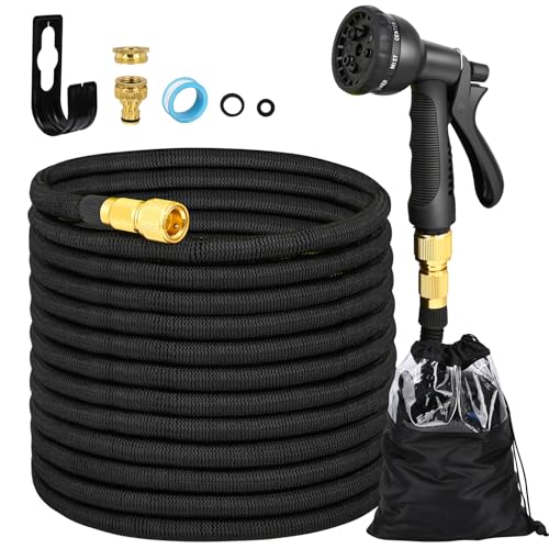 30m Expandable Garden Hose with 8 Spray Models Fits 1/2" and 3/4" Taps Durable Metal Fittings for Garden Cleaning, Car Washing, Watering (Black)