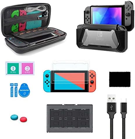 AROEK Switch Accessories Kit, Nintendo Switch Carrying Case, Protective Case Cover, Tempered Screen Protector, Gaming Card Case and USB-C Charging Cable Compatible with Nintendo Switch, 7-in-1