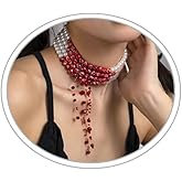 ANGLEQUEEN Blood Drops Faux Pearl Necklaces for Women - Gothic Tassel Pearl Choker Necklace Multi-Layered Beaded Floral Vampire Necklaces Halloween Prom Jewelry & Vampire Costume Accessories