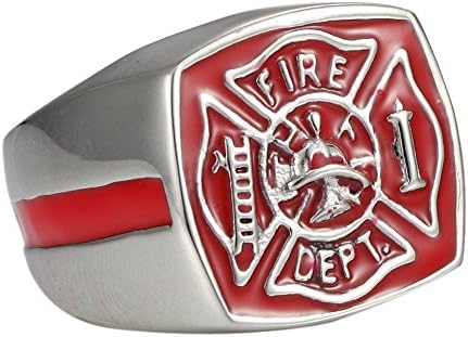 316L Mens Firefighter Fire Department FD Red Enamel Stainless Steel Ring (10)