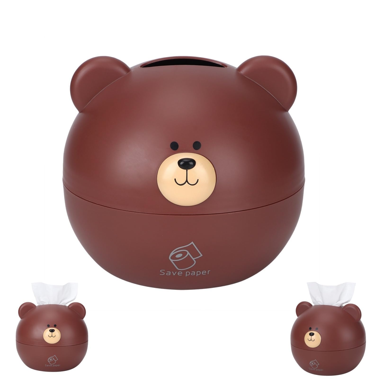 Bear Tissue Box Cover, Cute Tissue Holder Round Bear Head Shape Cartoon Tissue Box Facial Dispenser Toilet Paper Holder Toilet Paper Container(Brown)