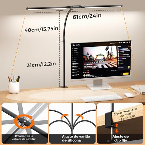SKYLEO LED Desk Lamp - Dual Head with Remote Control and Touch Control - Eye Care - 12W, 5 Color Modes, Timer and Memory Function, Flexible Gooseneck