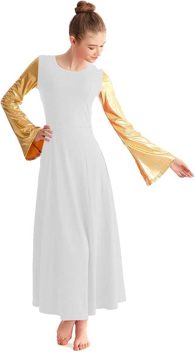 REXREII Women Bi Color Praise Dance Dress Adults Gold Metallic Long Sleeve Wide Swing Loose Fit