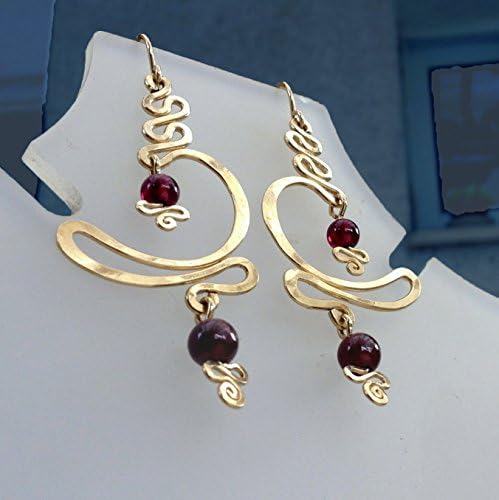Gold Moon Wave Earrings - 14k Gold Filled, Large Dangle Earrings. tribal earrings, boho earrings, gypsy earrings. bohemian style. with Garnet (or your choise of stone)