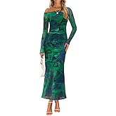 ZESICA Women's Long Sleeve Floral Maxi Dress 2026 Fall Off Shoulder Bodycon Ruched Mesh Cocktail Wedding Guest Dresses