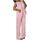 Tankaneo Womens Silk Stain 2 Piece Outfits Sleeveless Tie Front Babydoll Peplum Tops Wide Leg Pants Lounge Matching Sets