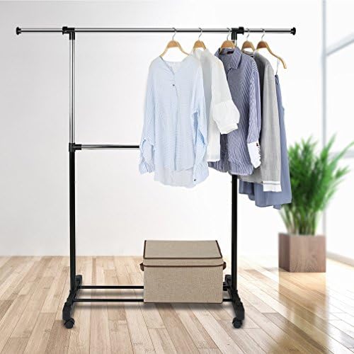 DM Telescopic Wardrobe Garment Height Adjustable Coffee to 2 Reinforced Rails for Boxes with Wheels Chrome Max 30kg (Bar), Portant-2 Barres