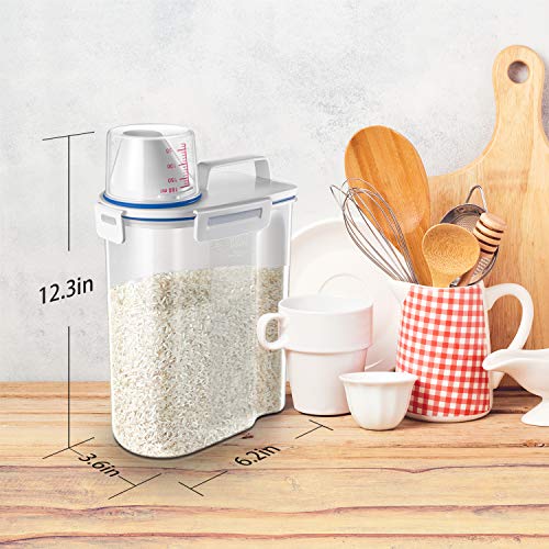Rice Storage Container - Cereal Container Bin with Pour Spout + Measuring Cup + Airtight Sealed Lid + 5 lb Capacity - Grain Container Dispenser for Kitchen Storage Organization