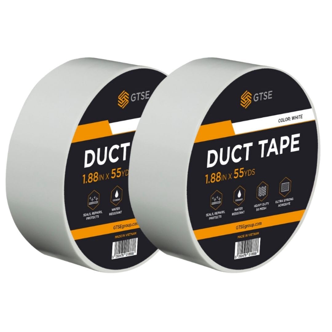 GTSE White Duct Tape, 48mm x 50m, 2” Waterproof Strong Adhesive Gaffer Tape for Patching, Sealing, Securing Cables and Labelling, Heavy Duty Tape, Two Rolls
