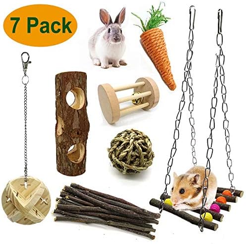 ZALALOVA Hamster Chew Toys, Natural Wooden Pine Guinea Pigs Rats Chinchillas Toys Accessories Dumbells Exercise Bell Roller Teeth Care Molar Toy for Birds Bunny Rabbits Gerbils
