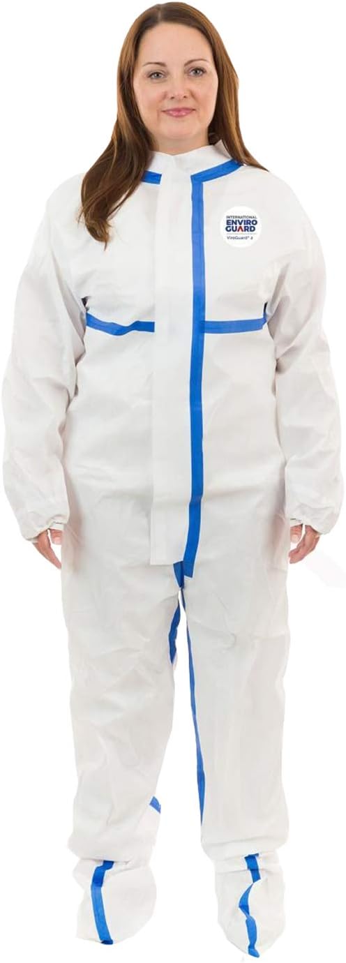 ViroGuard 2 Heavy Duty Biohazard Protection Coverall (White) with Attached Boots and Elastic Wrist with Thumb and Finger Loops (2XL, Case of 25)
