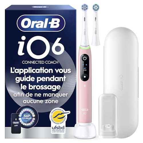 Oral-B Brosse à Dents Electrique iO 6 avec 1 Brossette de Rechange, Rose – 5 Modes de Brossage dont Blancheur et Soin des Gencives, Capteur de Pression, Batterie Rechargeable, Ecran Interactif, Etui