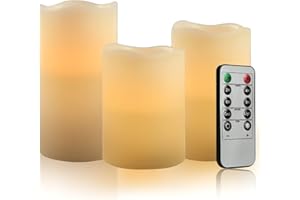 VETOUR Battery Operated Flameless Candles: Remote Control LED Electric Set of 3 H4”5”6”D3.15” Ivory Real Wax Pillar Flickering Candle with Timer Home Halloween Christmas Gift Deco