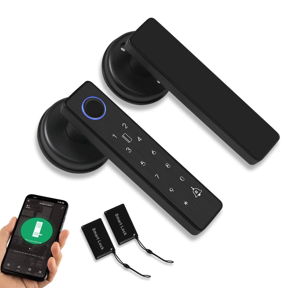 FUSYTULY WiFi Tuya Smart Door Lock Fingerprint Biometric Digital Electronic Locks 13.56MHz RFID IC Card Keyless APP Password Remote Unlocking, 5-in-1 Door Lock Handle