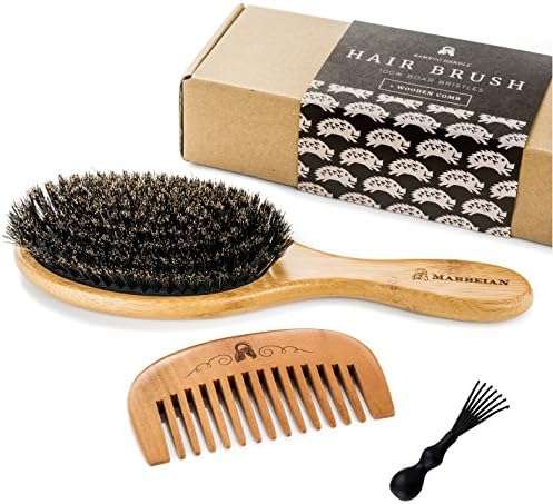 Boar Bristle Hair Brush for Natural Hair Conditioning, Wooden Comb for Hair Detangling, Set Makes Hair Shiny and Silky