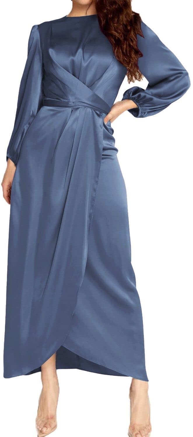 Photo 1 of *large* PINUPART Women's Elegant Empire Waist Long Sleeve Satin Bridesmaid Dress L Slate Blue