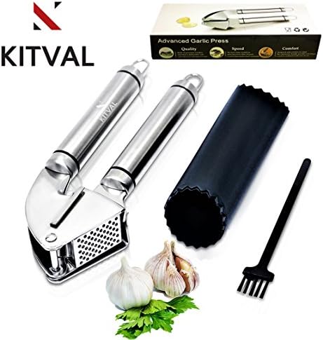 Garlic and Ginger Press With Silicone Tube Peeler And Cleaning Brush By KITVAL - Garlic Clove Crusher And Skin Remover - Durable Stainless Steel Kitchen Utensil With Ergonomic Handle