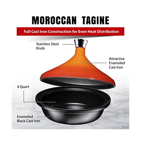Bruntmor Pumpkin Color Cast Iron Moroccan Tagine 4Quart Cooking Pot with Silver knob, Enameled