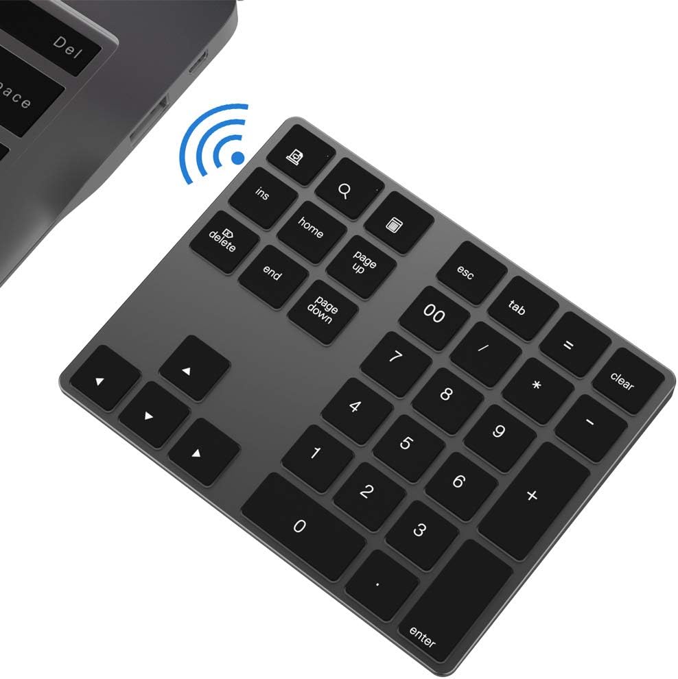 RBH Wireless Numeric Keypad, Aluminum Alloy Portable Wireless Bluetooth 34-Key External Numeric Keypad - Financial Accounting Data Input for Laptops, PC,Black