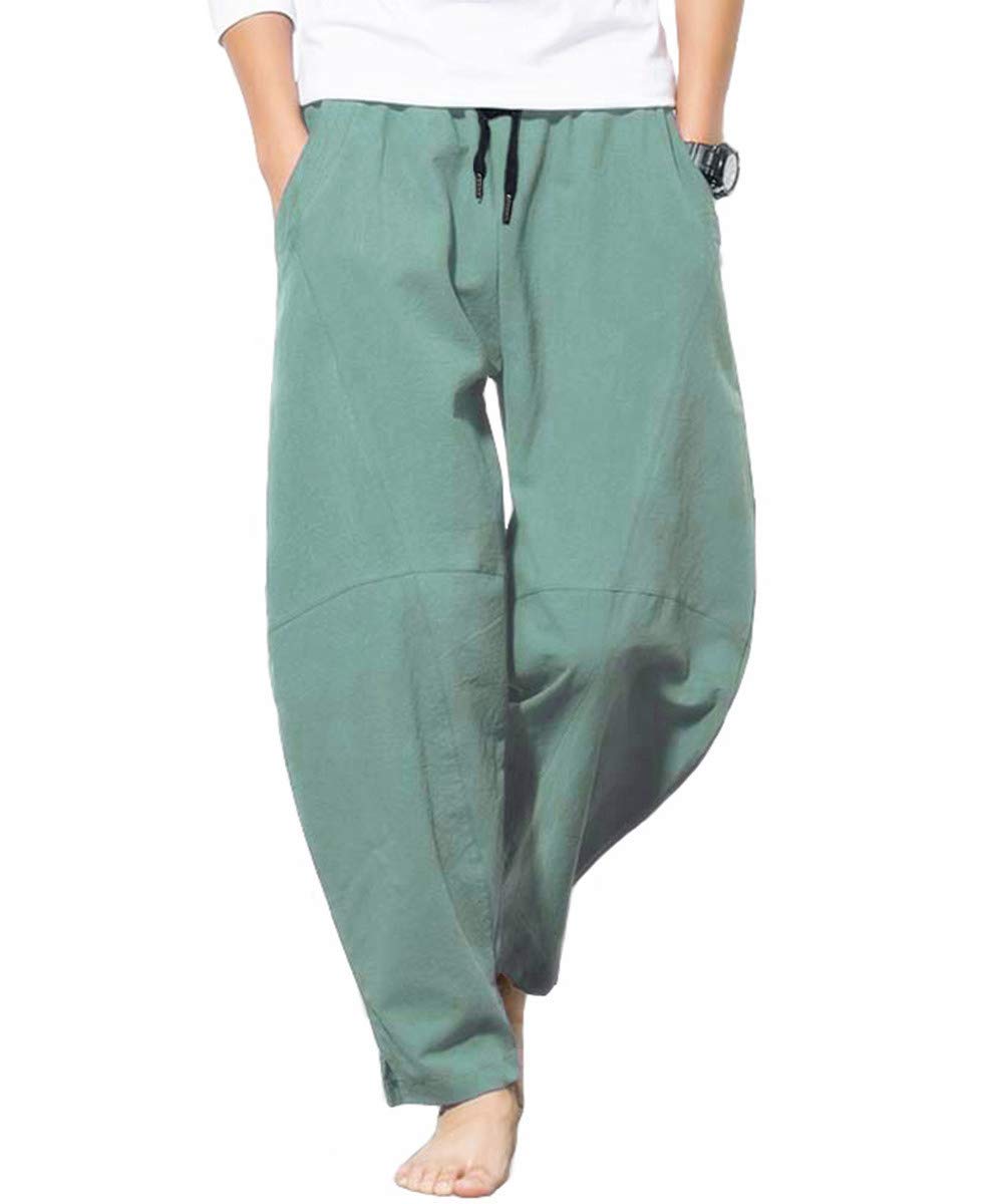 perdontooMen's Linen Cotton Loose Fit Casual Lightweight Elastic Waist Summer Beach Pants