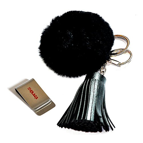 E'Plaza Fur Ball with Tassel Keychain Keyring Key Ring Chain Charm Pendant with 1 Mini Bag for Woman Bag Handbag Car Gift (black)