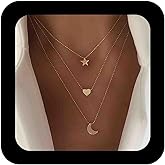 Iaceble Bohemia Star Choker Necklace Crescent Moon Pendant Necklace Chain Gold Heart Necklace Vintage Layered Ball Chain Necklace Jewelry for Women