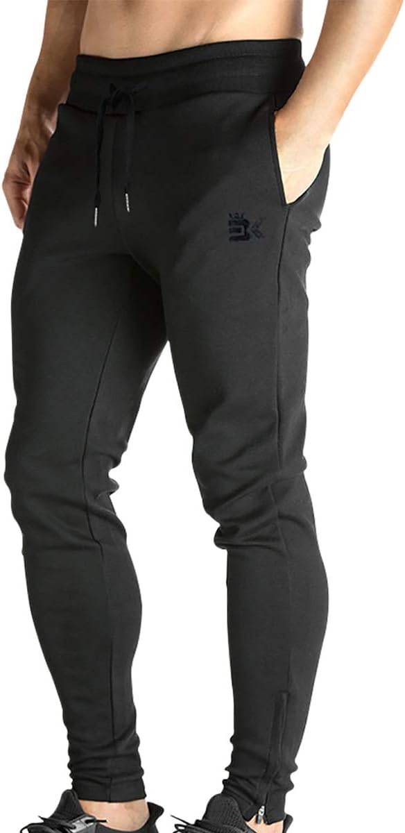 Broki Mens Zip Jogger Trousers - Casual Gym Fitness Tracksuit Bottoms Slim Fit Chinos Sweat Pants (Black)