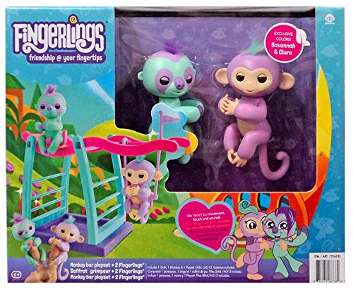 WowWee Fingerlings Playset - Monkey bar/Swing Playground with One Monkey & One Sloth – Savannah (Light Purple) & Clara (Turquoise)