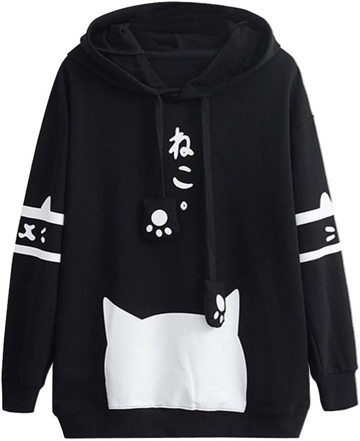 GreatestPAK Women's Cute Cat Print Pocket Thin Hoodie Blouse Casual Long Sleeve Top Shirt