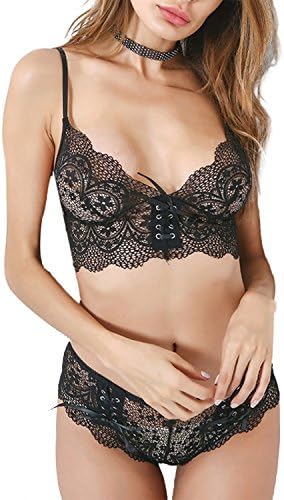 BELLEZIVA Women Sexy Lingerie Set Criss Cross Bandage Babydoll Chemise Sheer Lace Underwear
