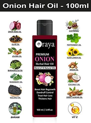 Oraya 100% Organic Onion Hair Oil with Blend of 14 Natural Oils for Hair Growth, Dandruff Control, Strengthening Hair Oil 100ml