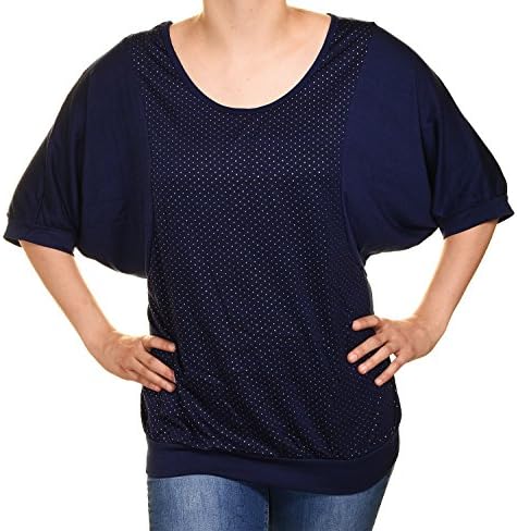 Roman Fashion Metallic Polka Dot Studs Banded Dolman Shirt (Blue, 2X)